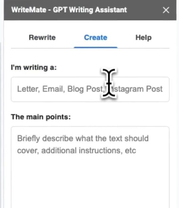WriteMate's Create tab with fields for what you're writing and the main points