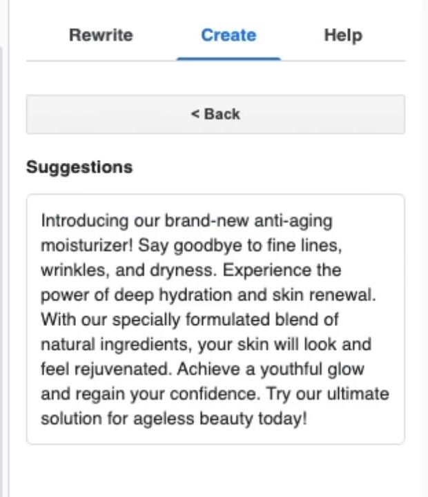 A friendly product description written by WriteMate in the Suggestions panel