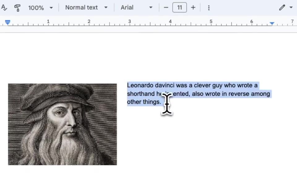 A sentence about Leonardo da Vinci highlighted in a Google Doc