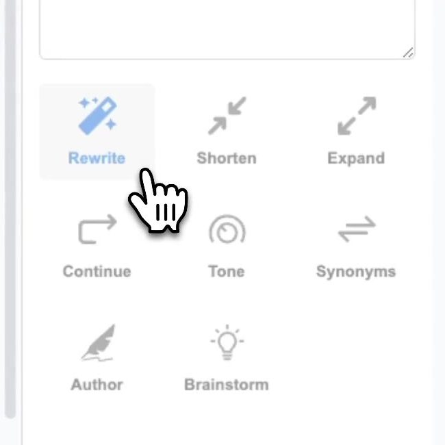 WriteMate's Rewrite tools: Rewrite, Shorten, Expand, Continue, Tone, Synonyms, Author and Brainstorm
